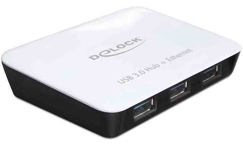 Delock 3-port USB 3.0 Hub + Gigabit Black/White